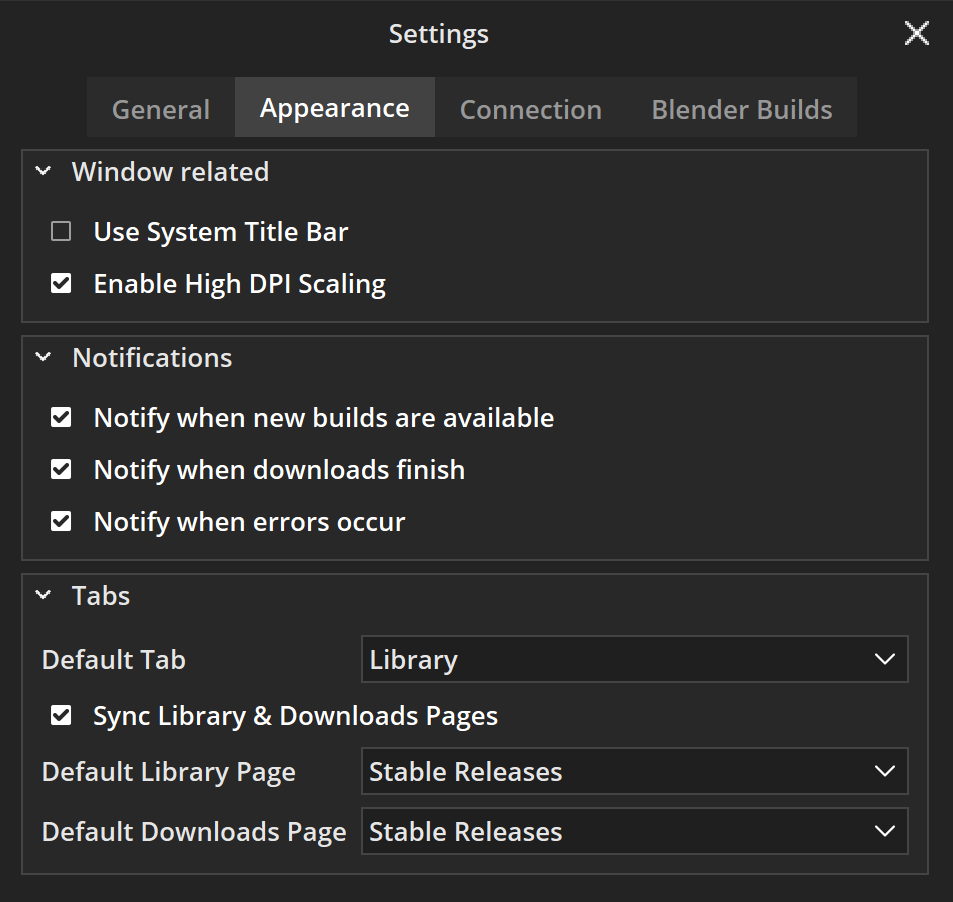 Appearance page of Settings