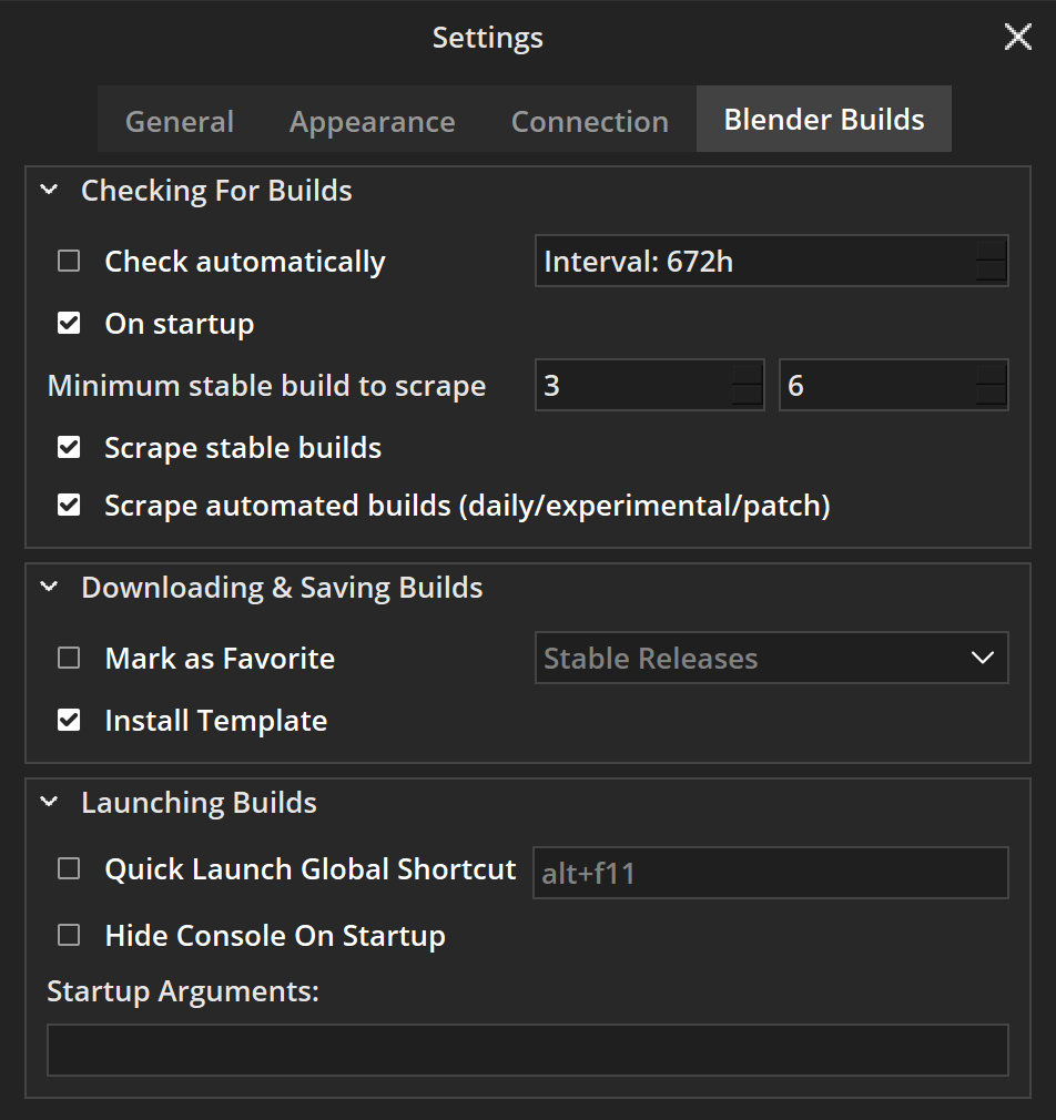 Blender Builds page of Settings